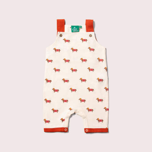 Cream Sausage Dogs Storytime Dungaree Shorts, size 3-6 months