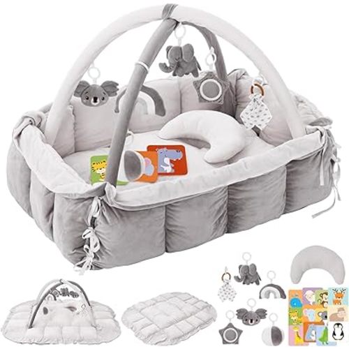 5-in-1 Plush Baby Play Gym & Activity Mat, Baby Play Mats, Baby Gym with Convertible Design, Tummy Time Mat with Pillow, 6 Sensory Toys for Newborn to Toddler, Grey