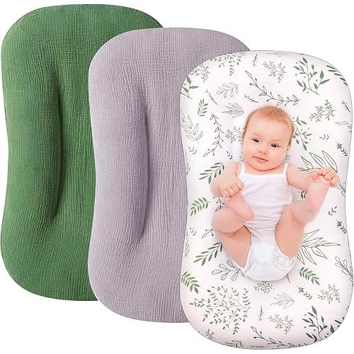 Muslin Baby Lounger Cover for Snuggle Me Lounger,3 Pack 100% Cotton Newborn Baby Lounger Pillow Covers,Soft and Breathable Baby Nest Slipcover for Boys Girls （Covers Only
