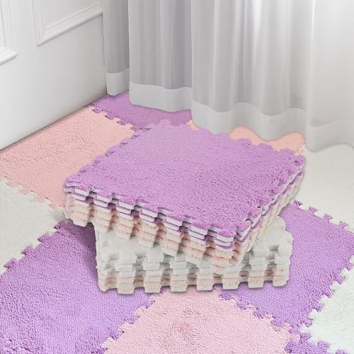 Amylove 18 Pcs Plush Foam Floor Mat Square Interlocking Carpet Tiles with Border Fluffy Play Mat Floor Tiles Soft Climbing Area Rugs for Home Playroom, 12 x 12 x 0.4 in(Beige, Light Pink, Mauve)