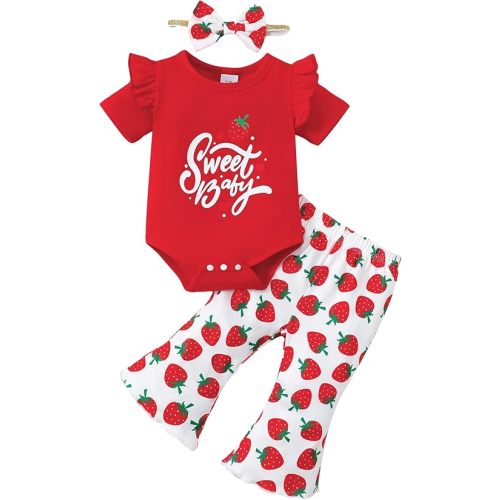 SUNNY PIGGY Baby Girl Clothes Ruffle Short Sleeve Romper Long Pants Set with Headband Newborn Infant Outfits