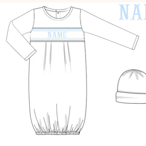 Blue Baby Snuggles - Custom Smocked Pima Gown and Hat