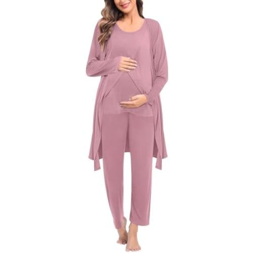 SWOMOG Maternity Nursing Robe Set 3 PCS Postpartum Breastfeeding Pajamas Hospital Pregnancy Pjs Double Layer Lounge Set