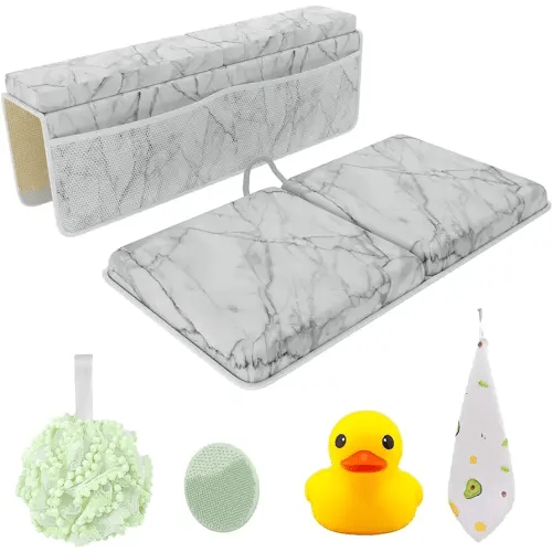 Sleepah Bath Kneeler and Elbow Kneeling Rest Pad Set for Baby Bathing – Waterproof Soft Memory Foam Mat Organizer Baby & Toddler Bath Time Toys Sponge (Marble)