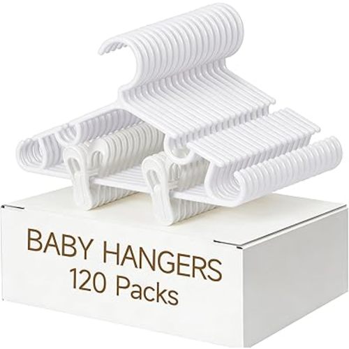Nursery Baby Hangers with Clips, 40 Newborn Kids Plastic Clothes Hangers for Toddler Pants – with 80 Clips for Children's Clothes Packs(White,120 Packs)