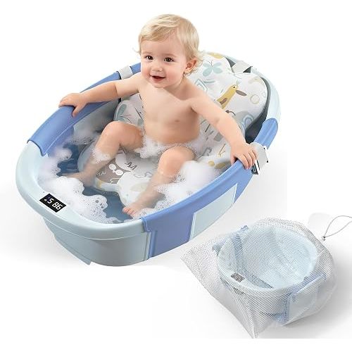 TOSGN Collapsible Baby Bathtub, 3s to Install, Baby Bath Tub with Soft Cushion & Thermometer, 0-36 Months Newborn Bathtub,Portable Travel Baby Tub, Blue