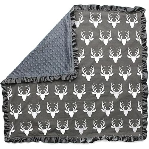 Dear Baby Gear Deluxe Double Layer Baby Blanket - Gender Neutral Infant Blankets for Girls & Boys - Nursery Blanket for Newborn - Faux Quilt Soft Toddler Blankets - Antlers Grey with Ruffles
