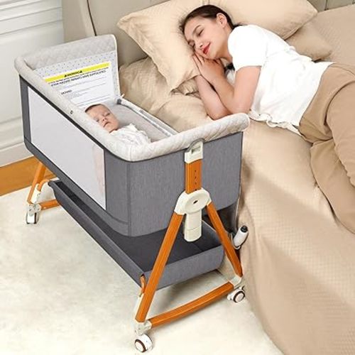 3 in 1 Bassinet Bedside Sleeper, Bedside Crib with Wheels, Mosquito Net, Mattress, 6 Height Adjustable Baby Bed for Infant Newborn (Grey)
