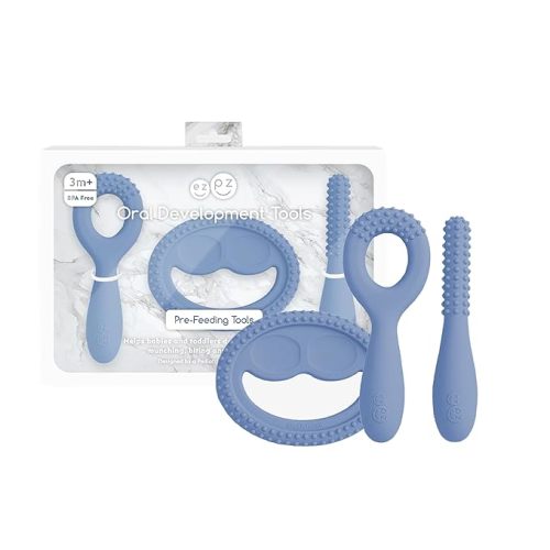 ezpz Oral Development Tools (3 Pack in Color) - 3 Months+ - Non-Slip Loop, Smile and Stick 100% Silicone Tools - Prepare for Chewing + Solids - Baby-Led Weaning Supplies