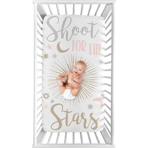 Sweet Jojo Designs Star and Moon Girl Fitted Crib Sheet Baby or Toddler Bed Nursery Photo Op - Blush Pink, Gold, Grey and White Shoot for The Stars Celestial
