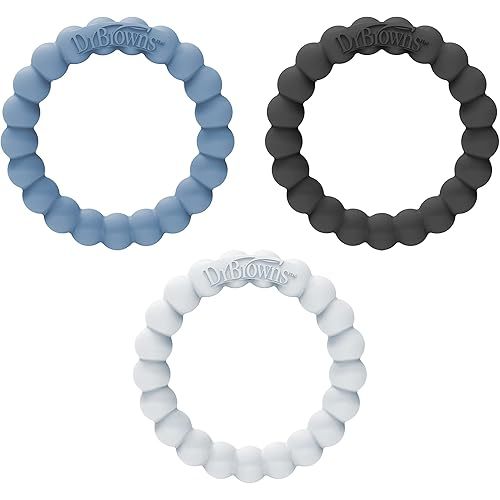 Dr. Brown's Flexees Beaded Teether Rings, 100% Silicone, Soft & Easy to Hold, Encourages Self-Soothe, 3 Pack, Blue, Light Blue, Black, BPA Free, 3m+