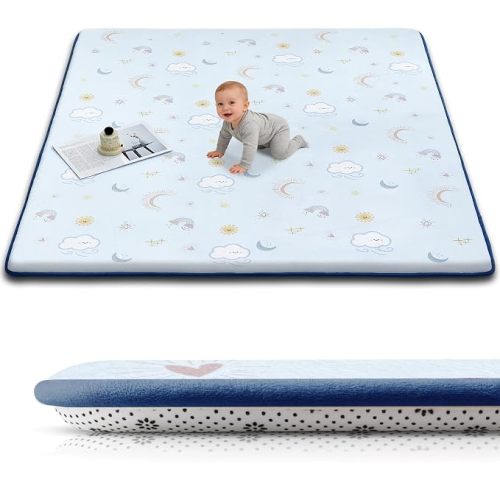 Baby Play Mat for Floor, 1.3-Inch Thickened Foam Soft Padded Playmat for Tummy Time, 59x71 Water-Repellent Coral Velvet Playpen Mat for Toddlers Infant Kids, Sky Theme