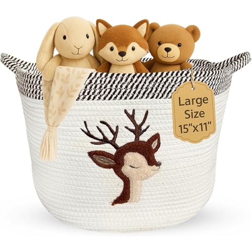 Deer Storage Basket for Nursery – Large 15”x11” Cotton Rope Bin with Soft Felt Animal Patch – Toy Organizer, Baby Laundry Hamper, Diaper & Towel Holder – Foldable, Washable & Baby-Safe