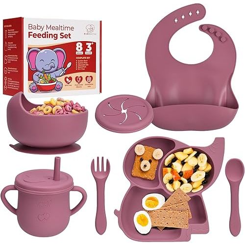 Complete Silicone Baby Feeding Set - 6+ Months Food Grade Baby Feeding Essentials | Silicone Bibs, Baby Bowls and Plates, 3 in 1 Baby Sippy Cup, Spoons and Fork Set | Free of BPA/PVC/Lead/Phthalate