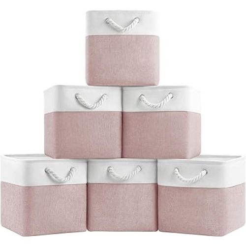 11x11 Cube Storage Bins, 6 Pack Foldable Fabric Organizer Bins with Rope Handles, Storage Cubes for Organizing Bedroom, Living Room, Clothes and Toys, Shelves and Closet (White & Pink)