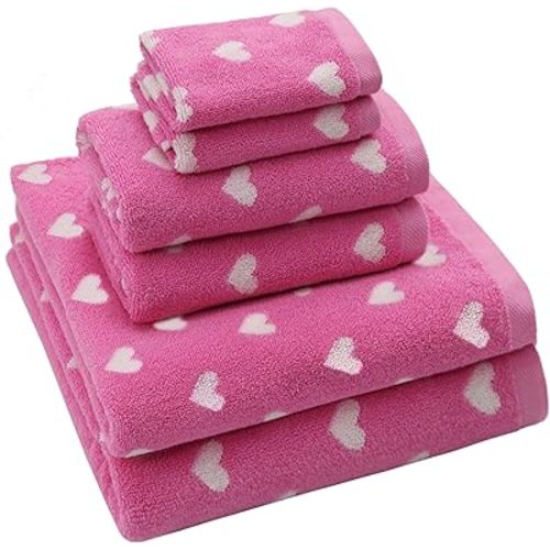 ORIGINAL KIDS 6 Piece Towel Set - Bath Time Hearts - 2 Bath Towels, 2 Hand Towels, 2 Washcloths - 100% Cotton Jacquard Colorful Soft Absorbent Pool Beach Kids Towel Gift - Pink White
