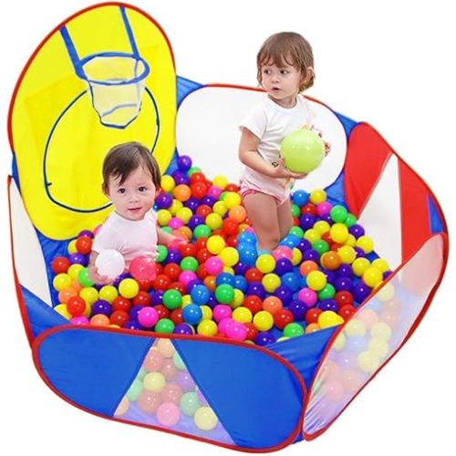 Eocolz Kids Ball Pit Large Pop Up Childrens Ball Pits Tent for Toddlers Playhouse Baby Crawl Playpen with Basketball Hoop and Zipper Storage Bag, 4 Ft/120CM, Balls Not Included (Blue Yellow Red)