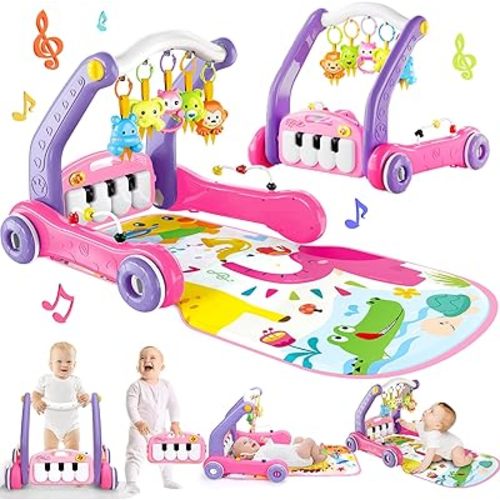 4-in-1 Baby Gym Play Mat with Learning Walker, Tummy Time Mat & Baby Push Toys for Newborn Infant 0-3-6-9-12 Month Boy Girl, Babies Activity Center with Play Piano & Lights, Ideal Toddler Baby Gifts