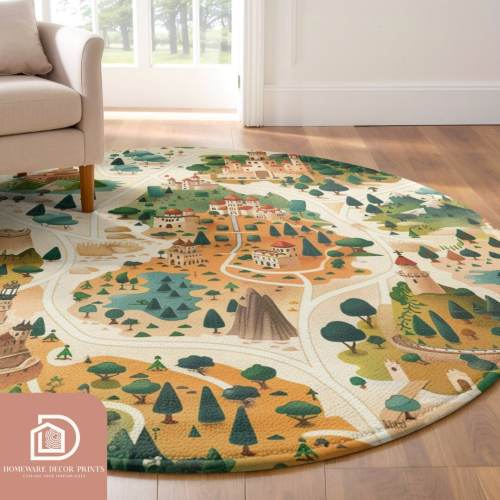 Medieval Kingdom Road Map 5ft Round Rug, Fairytale Castle Nursery Theme, Car Activity Playmat, Fantasy World Landscape Soft Comfy Carpet