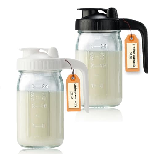32oz Glass Pitcher with Lid & V-shaped Pour Spout - 1 Quart Double Leak Proof, Creamer Container for Sun Tea, Juice, Cold Brew Coffee, Breastmilk Storage Container