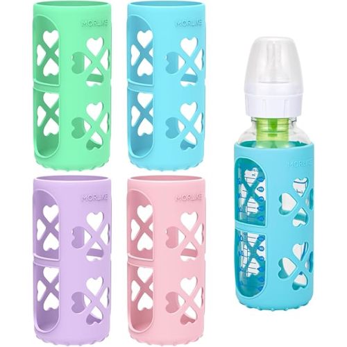 MORLIKE 4 Pack Silicone Sleeves Fit for 8 oz/250 mL Dr. Brown's Natural Narrow Glass Baby Bottle, 100% Silicone Covers Protect Glass Bottle, Easy to Grip Baby Bottle Holders for SB81003-P4, SB82023-P2