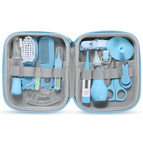 Baby Grooming Kit, Portable Baby Safety Care Set with Hair Brush Comb Nail Clipper Nasal Aspirator etc for Nursery Newborn Toddlers Infant Girl Boys Keep Clean (Blue)