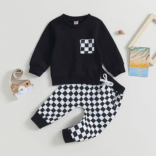 Karuedoo Baby Boy Girl Fall Outfits Checkered Plaid Pullover Sweatshirt Top Pants Set Trendy Toddler Checkerboard Outfit