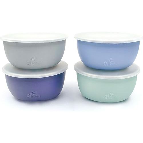 Elk and Friends Stainless Steel Bowls with Silicone Sleeve for Babies & Toddlers | Lids Included | Cereal & Snack Bowls | 4 Pack