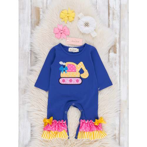 Royal Blue & Yellow Excavator Ruffle Romper