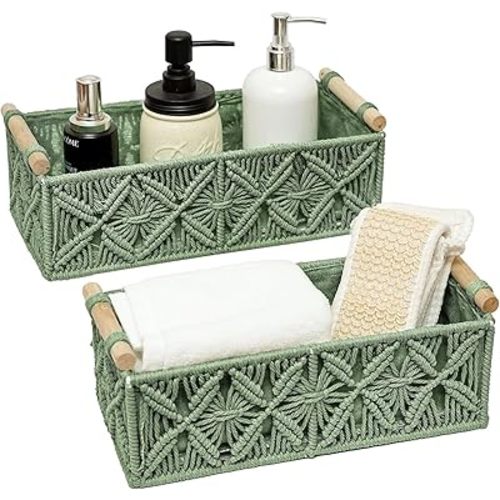 HOSROOME Macrame Boho Decor Baskets for Organizing Woven Decorative Basket for Countertop Toilet Paper Basket for Tank Top for Home Decor Bedroom Nursery Livingroom Entryway (Set of 2,Green)