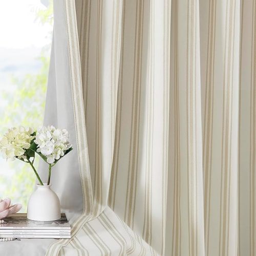 ZJDECOR 84 Inches Striped Full Blackout Curtains for Bedroom,Beige Stripes on White Cotton Blended Light Filtering with White Liner,Room Darkening Window Treatment,Back Tab Rod Pocket,55" Wx84 Lx2