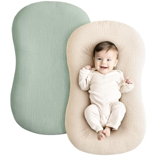 Konssy Muslin Baby Lounger Cover 2 Pack, 100% Cotton Newborn Lounger Cover, Soft and Breathable Lounger Slipcover for Boys Girls, Covers Only (Green,Wheat)