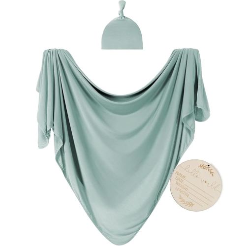 Large Jersey Knitted Swaddle Blanket for Baby, Soft Stretchy Receiving Blanket for Newborns with Hat, Baby Nursery Swaddle 47 x 47 inches(Seafoam)