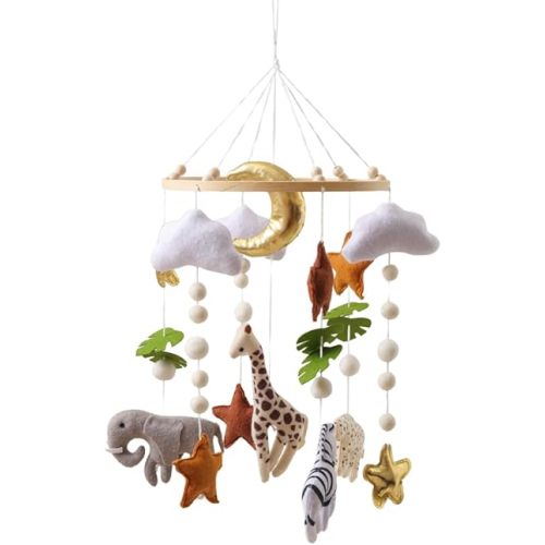 Nursery Mobile for Boys & Girls – Handmade Felt Animals Baby Crib Mobile with Bells – Savanna Theme Baby Nursery Decor – Creative Bassinet Mobile Gift for Newborns (WildMoon)