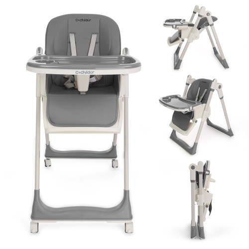 Cochildor 3 in 1 Foldable High Chair for Baby, Adjustable Heights Toddler High Chair with 5 Point Harness, Tray, Foot Rest and Wheels, Grey