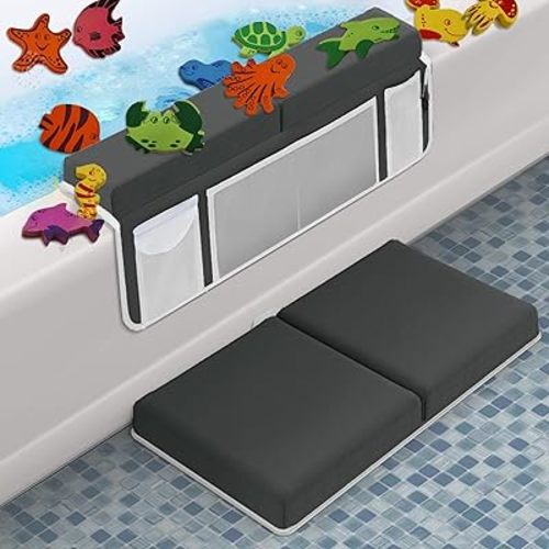 Supa Ant Baby Bath Kneeler and Elbow Rest Pad Set - The Only Certified Extra Thick Bathtub Kneeler with Built-in 5 Pockets Organizer - Bath Kneeling Pad for Bathing Baby with 6-Suction Cups (Charcoal)