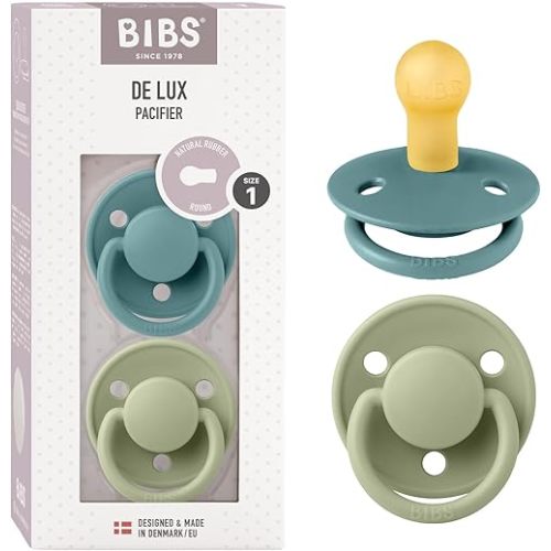 BIBS De Lux Baby Pacifier 2-Pack | Made in Denmark | BPA Free Dummy Soother, Round Nipple. Natural Rubber Latex, Size 1 (0-6 Months), Island Sea/Sage