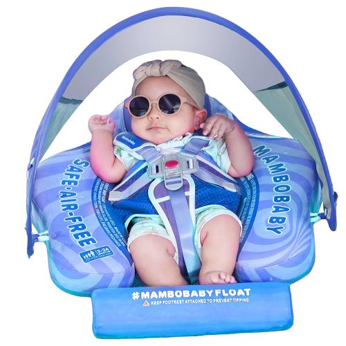 Mambobaby Float with Canopy UPF 50+ Sun Protection Add Tail Non-Inflatable Solid Baby Pool Swim Float Mambo Smart Swim Trainer Infant Float Swim Ring for Baby Aged 3-24 Months
