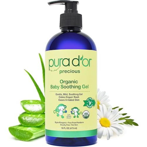 PURA D'OR 16 Oz ORGANIC Baby Soothing Gel For Sensitive Skin - Diaper Rash & Irritation Relief with Aloe Vera, Tamanu Oil, Chamomile, Jojoba, & Almond Oil