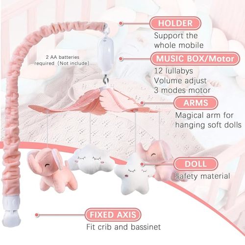 FEISIKE Crib Mobile for Girls with 3 Modes Music Box(Turn Only, Music Only, Turn & Music),12 Lullabies,Pink Elephant Nurser Mobile,Clamp Type,Pretty Box Packaging