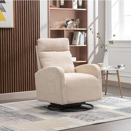 Swivel Glider Chair for Nursery, Modern Rocking Chair with High Back and Storage Pocket, Upholstered Accent Rocker with Solid Metal Base for Living Room, Bedroom (Beige Fabric)