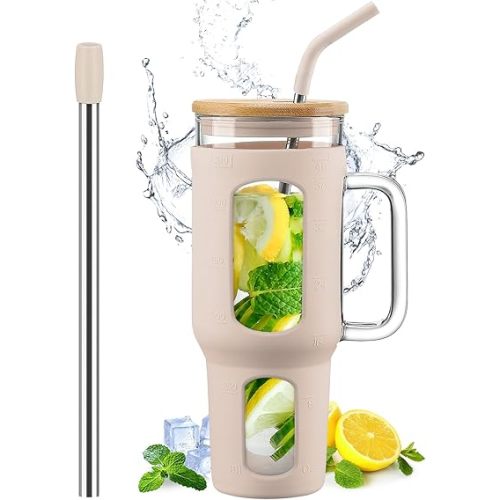 Glass Tumbler with Lid and Straw, 46 oz Iced Coffee Cup with Handle, Large Water Bottles with Silicone Sleeve, Glass Cup with Straws - Pearl Straw & Drinking Straw BPA Free-Amber