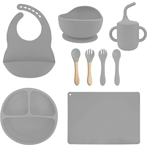 Baby Silicone Feeding Set, 9 Pcs Baby Plates and Utensils Set, Baby Utensils Includes Placemat, Suction Plate, Bowl, Adjustable Bib, Sippy Cup, Fork, Spoon, Baby Utensils 6+ Months (Blue)