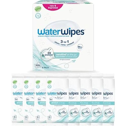 WaterWipes Sensitive+ On The Go Wipes, 3-In-1 Cleans, Cares, Protects, 99.9% Water, Unscented & Hypoallergenic Wet Wipes, 224 Count (8 Packs)