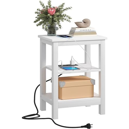 VECELO Modern Nightstands with Charging Station,Side End Table Night Stand with Storage Shelf for Small Spaces, Bedroom,Living Room