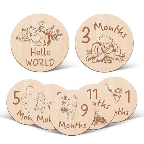 7 Pcs Winnie The Pooh Baby Monthly Milestone Markers, Double Sided Winnie The Pooh Baby Months Wooden Signs with Storage Bag, Winnie The Pooh Baby Shower Gifts, Baby Monthly Announcement Wooden Discs - Winnie 04