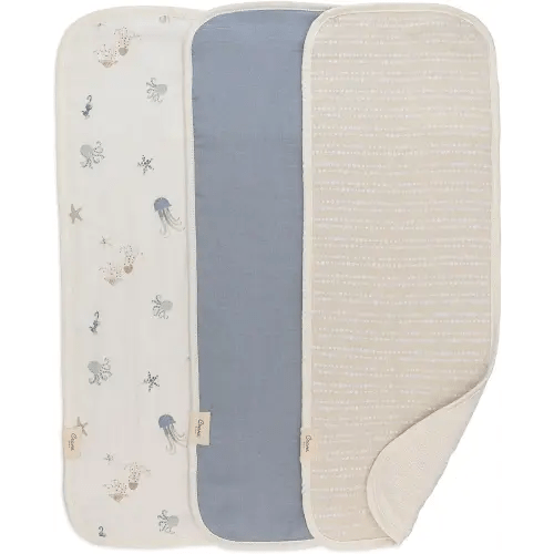 Crane Baby Muslin Baby Burp Cloths, Lightweight Absorbent Burp Cloth, Sea Life Jellyfish, Set of 3, 7” x 20”, Newborn Baby Essentials, Burp Cloths Baby Boy, Burp Cloths Baby Girl, Newborn Essentials