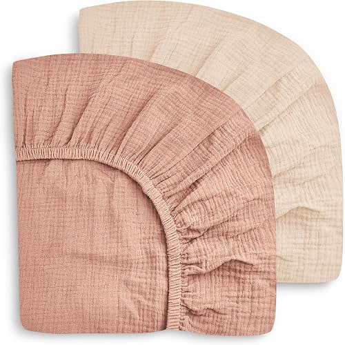 SWEET DOLPHIN 2-Pack Muslin Crib Sheets for Boys & Girls, Ultra Soft Breathable 40S Long-Staple Cotton Fitted Baby Sheets for Standard Crib Mattress 52"x28", Light Bean Paste- Nursery Essentials