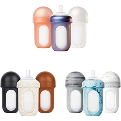 Boon Nursh Reusable Silicone Baby Bottles with Collapsible Silicone Pouch Design - Baby Bottle Set - Baby Feeding Essentials - Stage 2 Medium Flow - 8 Oz - 3 Count