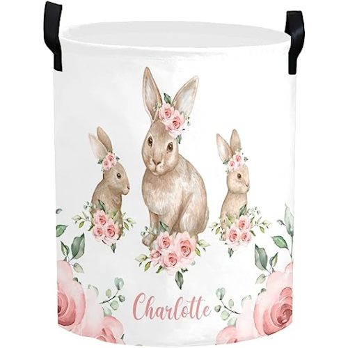 Personalized Laundry Basket Hamper,Floral Bunny Rabbit,Collapsible Storage Baskets with Handles for Kids Room,Clothes, Nursery Decor